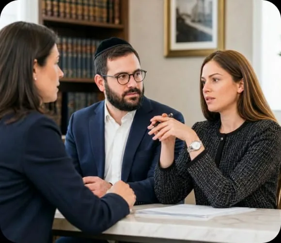 A couple and a professional in calm, constructive conversation around a table